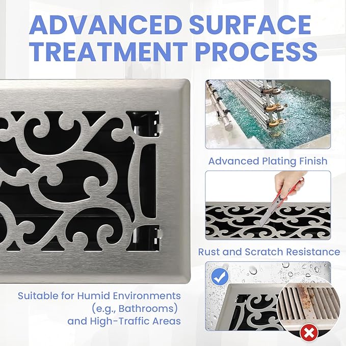 4x14 Inches Heavy Duty Walkable Floor Register - Easy Adjust Air Supply Lever Decorative Floor Vent Covers, Savannah Design Vent Covers for Home - Satin Nickel