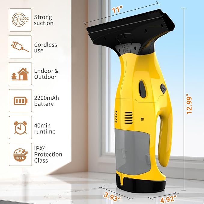 Kiato Window Vacuum Squeegee Cordless, Rechargeable Window Vacuum Cleaner with 2 X Squeegee (11”+ 6.7”), Electric Window Vac for Windows, Tiles, Mirrors, Showers, Glass, 2200mA, WC09