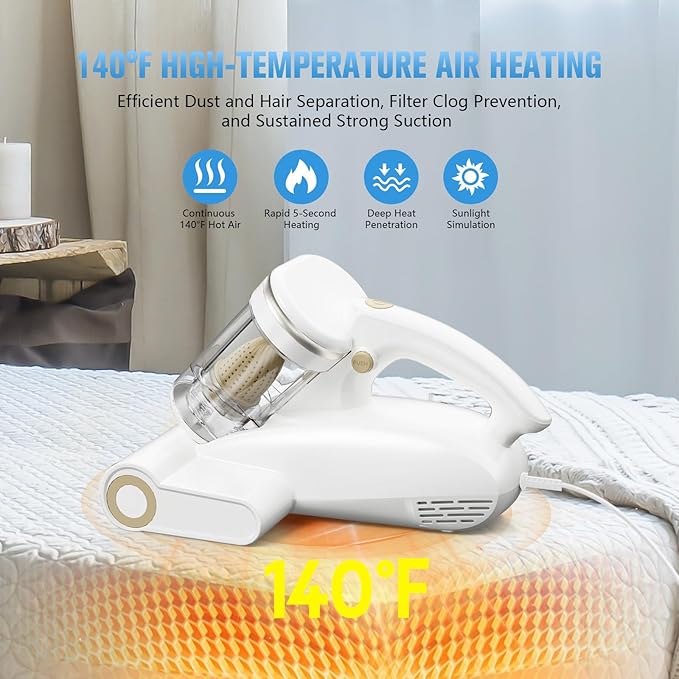 Mattress Vacuum Cleaner,Bed Vacuum Cleaner with UV-C Light,16Kpa,140°F Heat,Ultrasonic,Anion,Handheld Vacuums for Bed,Sofa,Couch,Crib(Corded, Snow White)