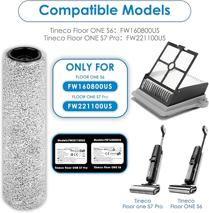 【Version 2, Detachable Roller】(6 Pack) S7 Pro Brush Rollers and HEPA Filters Compatible With Tineco Floor One S7 Pro, Floor One S6 Wet Dry Vacuum Cleaner, 3 Roller and 3 Filters (Excluding Handle)