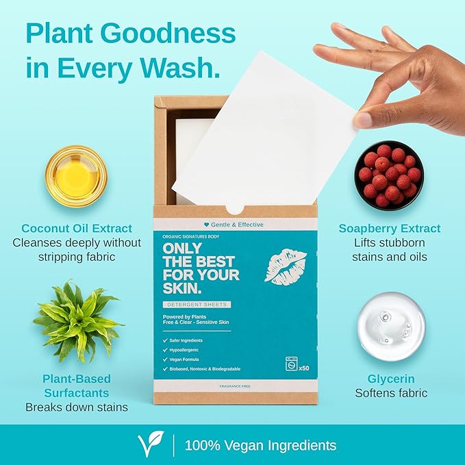 Laundry Detergent Sheets - Unscented, Hypoallergenic, Plant-Based Travel Laundry Sheets with Coconut & Soapberry Extract, Colors & Whites, 50 Sheets