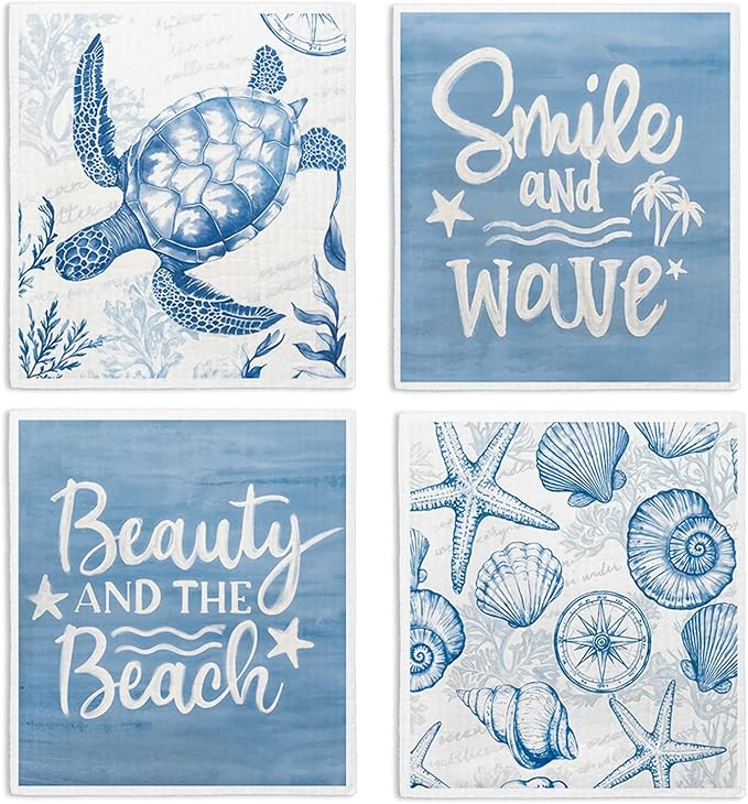 Swedish Dishcloths for Kitchen, Summer Coastal Turtle Beach Decor Kitchen Dish Towels for Washing Dishes, 4 Pack Reusable Paper Towels, Sponge Cloths for Home Cleaning Baking Cooking
