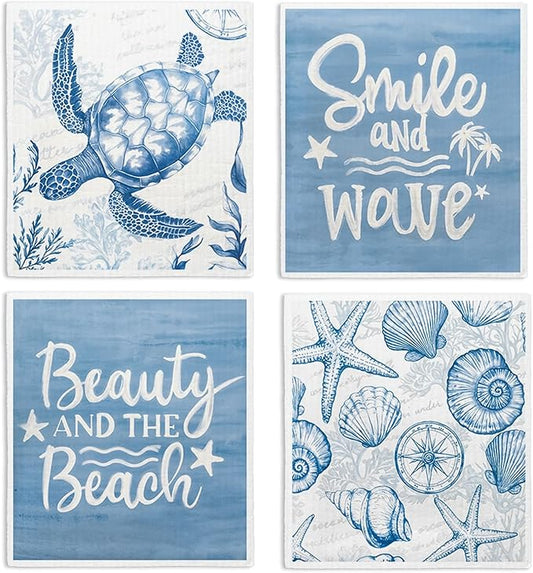 Swedish Dishcloths for Kitchen, Summer Coastal Turtle Beach Decor Kitchen Dish Towels for Washing Dishes, 4 Pack Reusable Paper Towels, Sponge Cloths for Home Cleaning Baking Cooking
