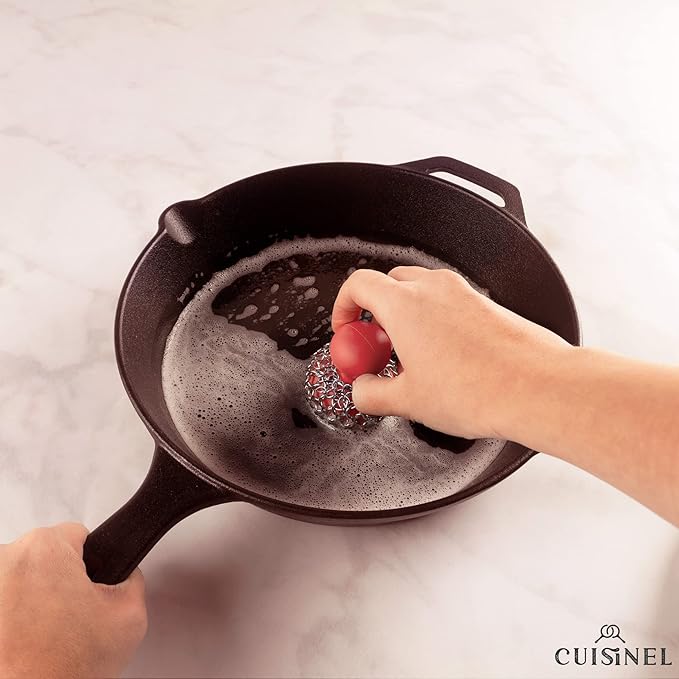 Cuisinel Cast Iron Chainmail Scrubber + Pan Scraper - The Patented Original Ergonomic Stainless & Silicone Pot & Skillet Cleaner - Premium Food-Safe Design - Easy Clean Dishwasher Safe Cookware Sponge
