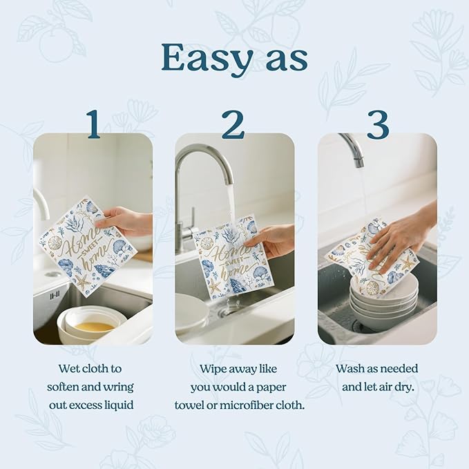 Swedish Dishcloths for Kitchen, Summer Coastal Kitchen Dish Towels for Washing Dishes, 4 Pack Reusable Paper Towels, Home Sweet Decor, Sponge Cloths for Home Cleaning Baking Cooking