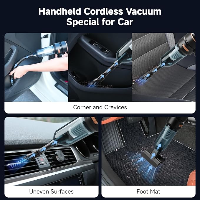 Handheld Vacuum Cordless, Car Vacuum Cleaner with Brushless Motor, Strong Suction Vacuum & Compressed Air Dusters with LED Light, Wireless Mini Portable Hand Vacuum Blower for Home, Pet (Black)