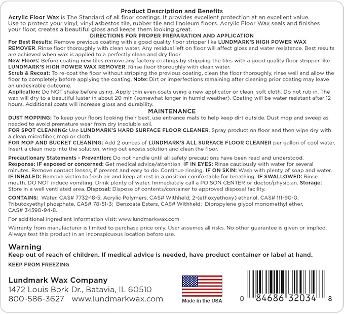 Lundmark, Inc Acrylic Floor Wax, 1-Gallon, 3203G01-2, Clear (LUN-3203G01-2)