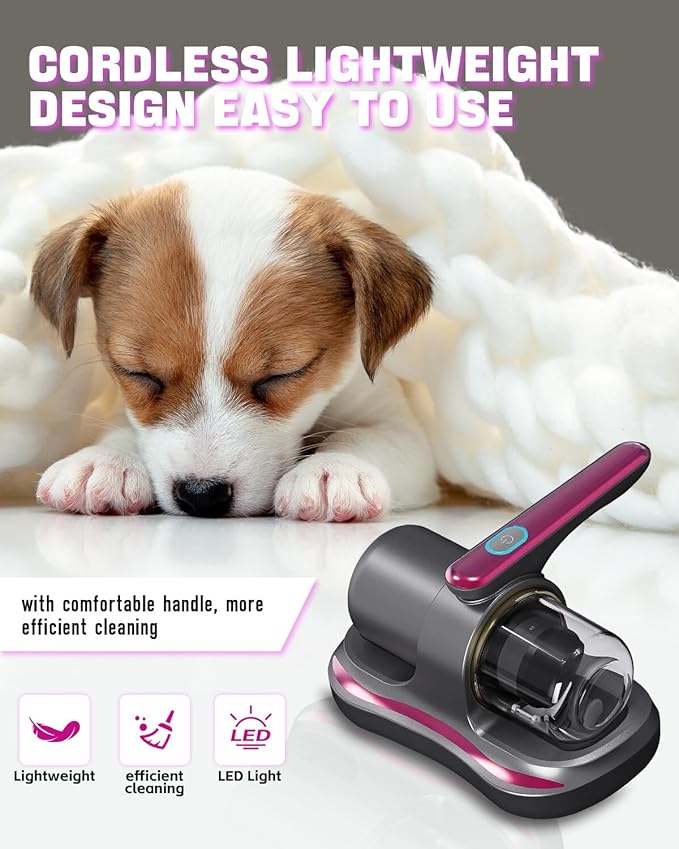 Mattress Vacuum Cleaner, Cordless Bed Vacuum Cleaner with UV Light Sanitizing, Ultrasonic & Heating Tech with 2 PCS HEPA Filters, 2 Speeds Handheld Vacuums for Mattress Sofa, Pet Hair, Carpets