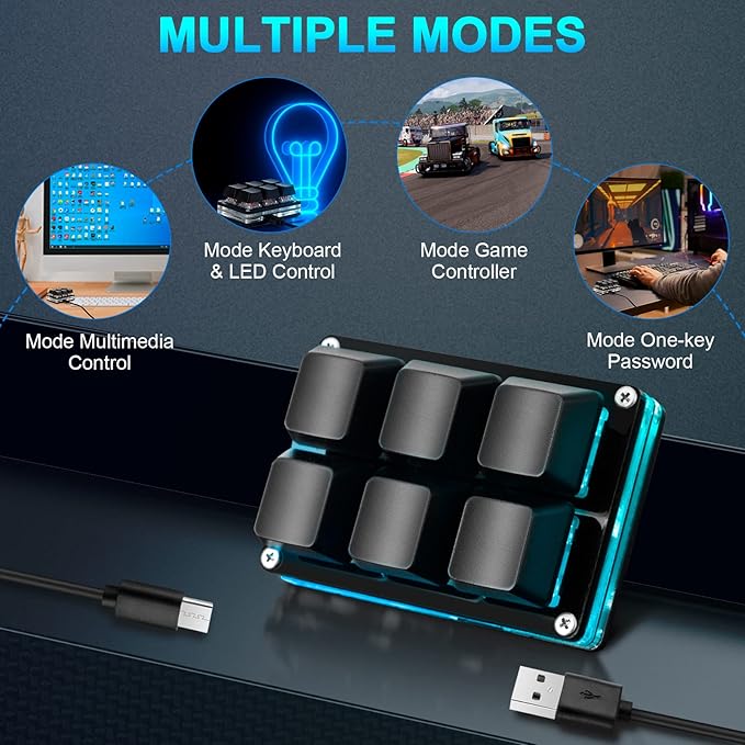 Ecarke Black White 6-Key Gaming Keyboard, USB Mini 6-Key Keypad Mechanical Gaming PC Keyboards Programming Macro with Software OSU HID Standard Keyboard.(Upgrade Cherry Shaft & RGB LED)
