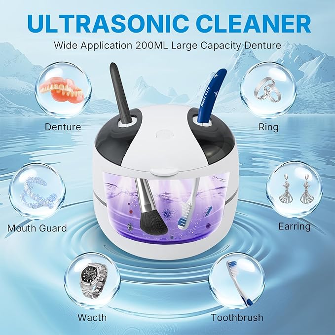 Ultrasonic Retainer Cleaner Machine Denture Cleaner for Dental Pod, Aligner, Night Guard, Braces & Mouth Guard, Features 45KHz and UV Deep Cleaning Dental,4 Modes Teeth Cleaning Tools, Digital Timer