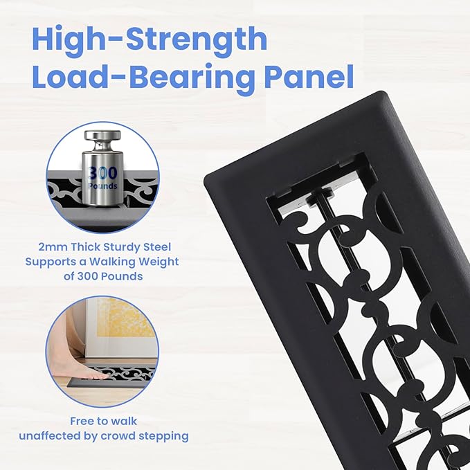 2x10 Inches 2 Pack Heavy Duty Walkable Floor Register - Easy Adjust Air Supply Lever Decorative Floor Vent Covers - Savannah Design Vent Covers for Home - Matte Black
