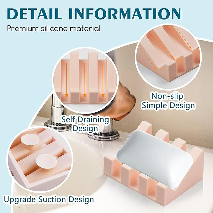 Silicone Soap Dish with Drain, Upgrade Double Suction Cups at The Bottom for Anti-Slip and Stability, Soap Dish Shower Waterfall Bar Soap Holder Tray with Drain Soap Holder (3, Pink)