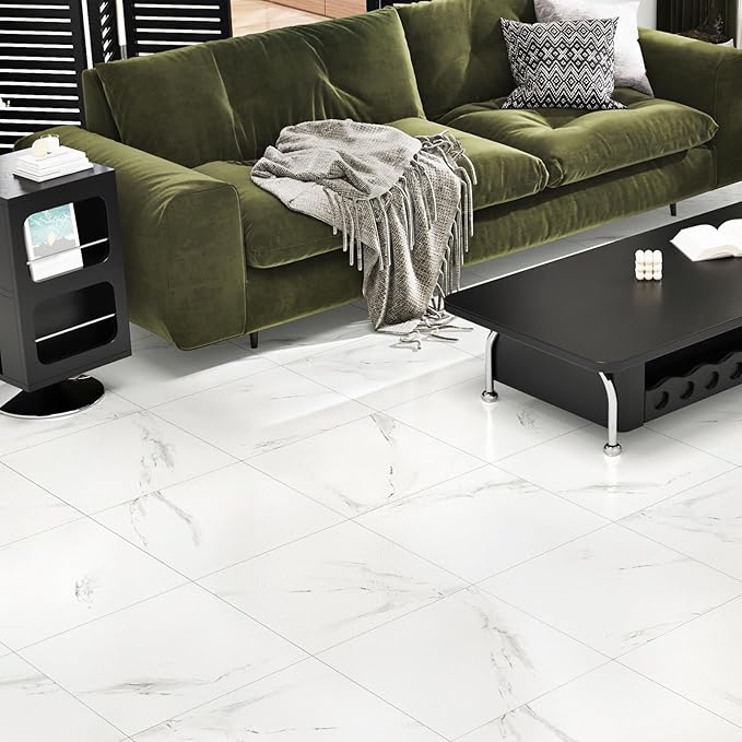 20 Pack Marble Peel and Stick Floor Tile White Waterproof Vinyl Flooring Self Adhesive Ceramic Bathroom Floor Tile Laminate Flooring Sheet for Garage Kitchen Laundry Room Shower Square
