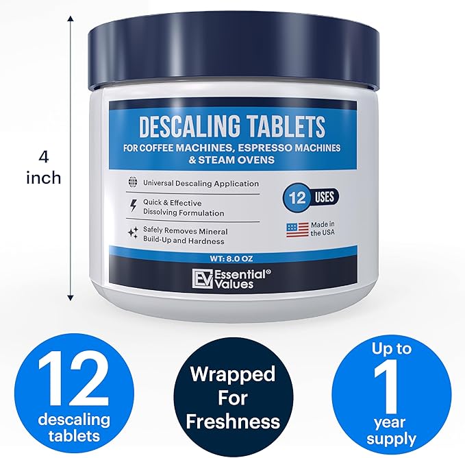 Essential Values Descaling Tablets (12 Count/Up to 12 Uses) for Jura, Miele, Bosch, Tassimo Espresso Machines and Miele Steam Ovens (1 Pack)