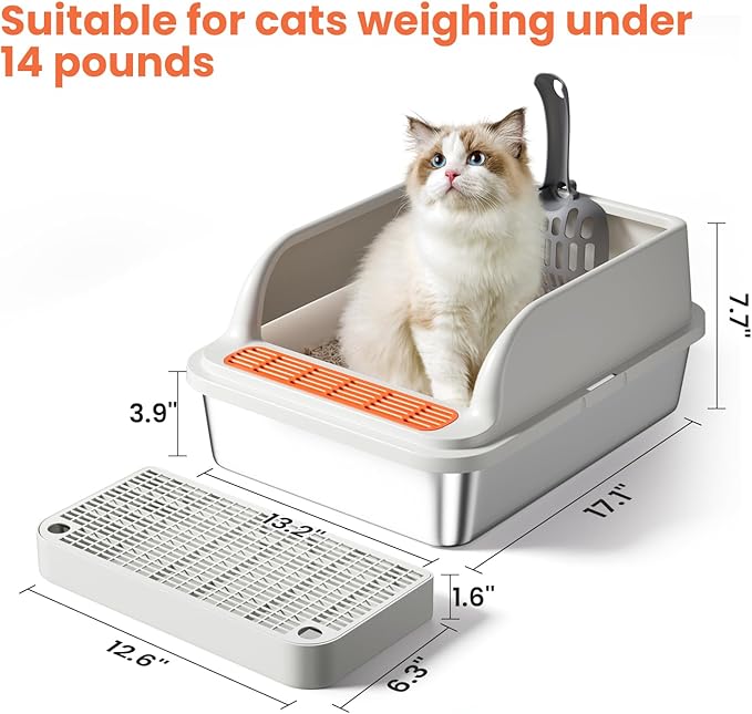 Stainless Steel Cat Litter Box, Metal Kitty Litter Box Includes Litter Mat & Scoop, Easy Cleaning Anti-Scratch Kitty Cat Box Anti-Urine Leakage, Non-Sticky, Perfect for Small Cats, Light Gray
