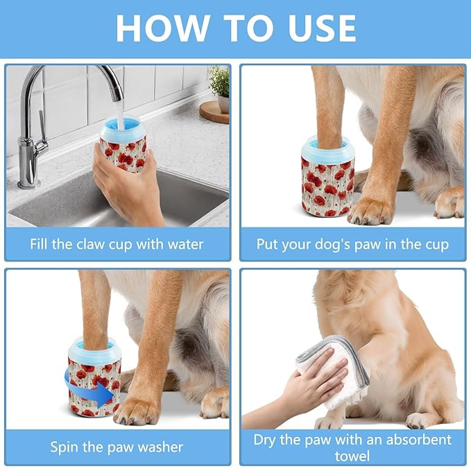 Dog Paw Cleaner Cups for Dogs Pets Foot Washer Paw Scrubber for Medium Small Cats Dogs Cute Cleaning Cup Rustic Red Poppy Flowers