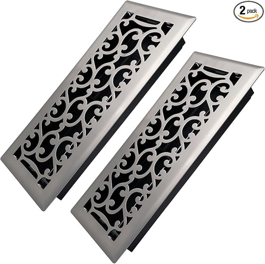 4x12 Inches 2 Pack Heavy Duty Walkable Floor Register - Easy Adjust Air Supply Lever Decorative Floor Vent Covers - Savannah Design Vent Covers for Home - Satin Nickel