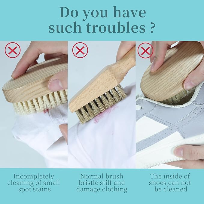 BFWood Laundry Stain Brush, Natural Soft Boar Bristles, Removes Tough Stains from Delicate Fabrics Like Knits, Cotton, and Linens, Gentle on Fabrics, No Damage