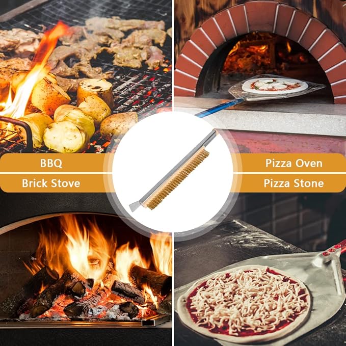 Pizza Oven Brush, 21" Brush and Stainless Steel Scraper for Pizza Stone, BBQ Grill Cleaning Brush Non Scratch Heat Proof Brass Bristles with Screwdriver, Outdoor Pizza Oven Accessories