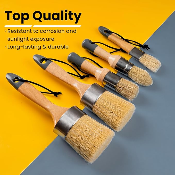 Chalk Paint Brush, Wax Paint Brush Set of 5, Wax Brushes and Chalk Paint for Furniture DIY Art Crafts, Natural Bristle Round Oval Brush for All Painting and Waxing