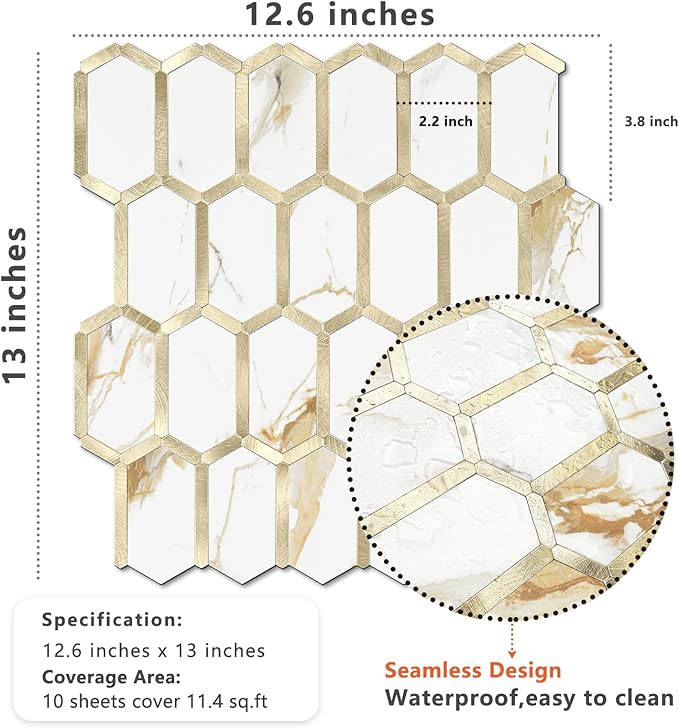 Vamos Tile Long Hexagon Peel and Stick Tile Backsplash - 10 Sheets Stick on Backsplash for Kitchen and Bathroom Calacatta Gold Mixed Metal Light Gold PVC Self Adhesive Mosaic Wall Tiles(Seamless)