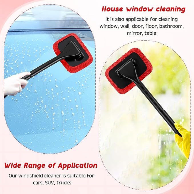 8 Pcs Car Windshield Cleaner Tool Kit with Removable Handle, Microfiber Towel Pads, Brush, Empty Spray Bottle for Auto Glass Wiper Suvs Rvs & Home Windows(Red)