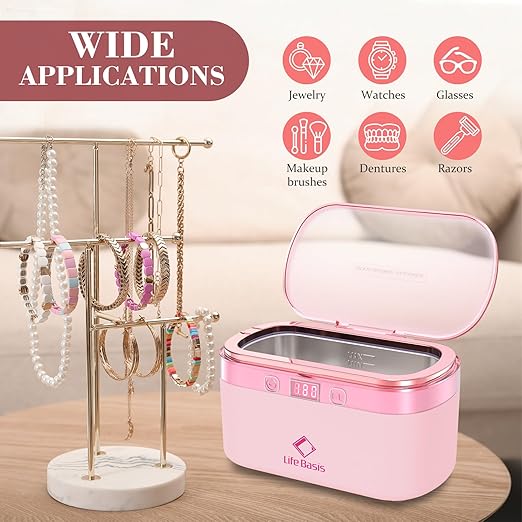 LifeBasis Ultrasonic Jewelry Cleaner, 17 OZ Ultrasonic Cleaner with 42kHz, Portable Jewelry Cleaner with 5 Cleaning Timer and Watch Holder for Jewelry Eyeglasses Watches Gold - Pink