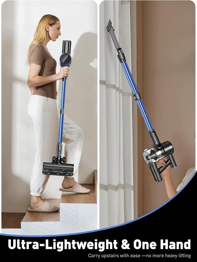 Cordless Vacuum Cleaner, 45000Pa/450W/50Mins Vacuum Cleaners for Home, 8-in-1 Stick Vacuum with LED Screen, Anti-Tangle, Lightweight Rechargeable Vacuum for Carpet Pet Hair Hardwood Floor Blue