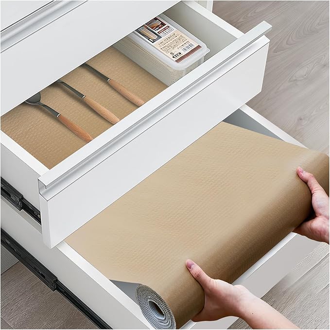 Drawer and Shelf Liner, Non-Slip Kitchen Cabinet Liners Non-Adhesive Thick Strong Grip Waterproof Washable Mats Protect Dresser Shelves Cupboard Bathroom Cabinets, Beige, 12 in X 10 FT