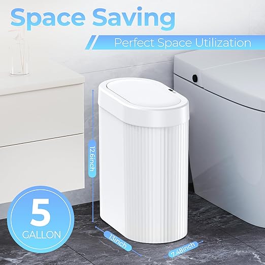 2 Pack 5 Gallon Bathroom Trash Can with Lid, Automatic Motion Sensor White Trash Can, Touchless Slim Waterproof Garbage Bin for Kitchen, Bedroom, Office, and Bathroom