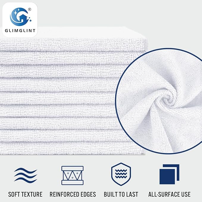 GLIMGLINT White Microfiber Cleaning Cloth,150PK Reusable Cleaning Rags,Highly Absorbent Shop Rags Bulk,All-Purpose Car Cleaning Towels for TV Screen,Kitchen,Bathroom,Restaurant,Garage, 14"X12"