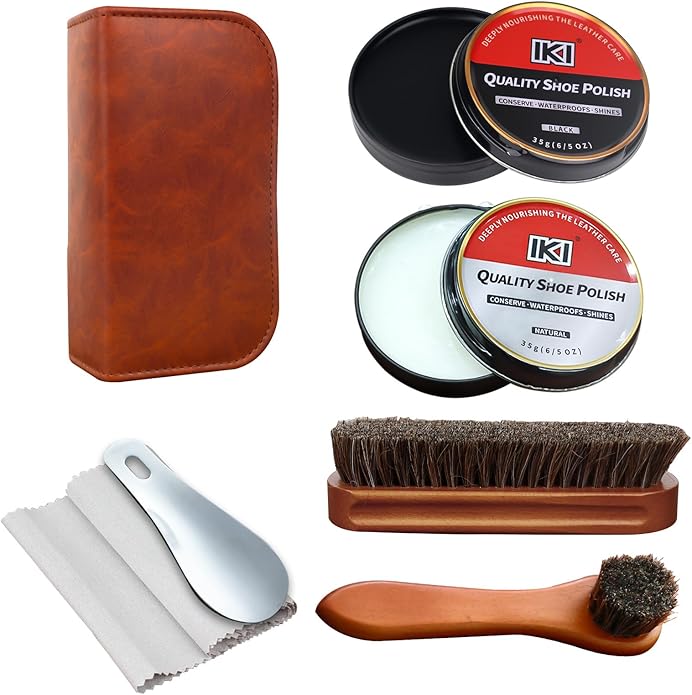 IKI Shoe Shine Polish Kit - 7PCS Leather Boot Care Kit with Black Shoe Polish Horsehair Brush Cloth Shoe Horn for Men