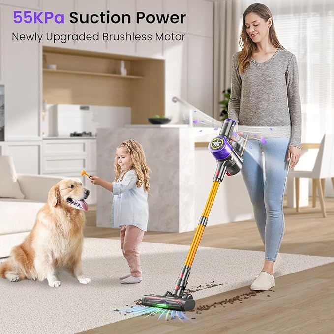 Cordless Vacuum Cleaner, 650 W/ 55000 Pa/ 70 Mins Vacuum Cleaners for Home,with Touchscreen and Anti-Tangle Brush, Vacuum Cleaner 1.5 L Dust Container, 9-in-1 for Hard Floors, Carpets and Pet Hair