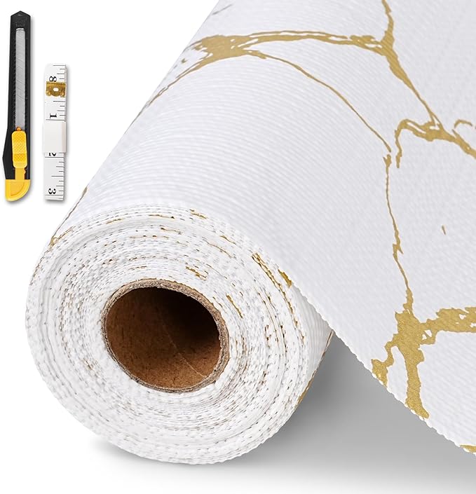 Drawer and Shelf Liner for Kitchen Cabinet,Non-Adhesive Cabinet Liner 24in x 10FT,Waterproof Shelf Paper Non-Slip Mats Cupboard Liners Contact Protect Dresser/Shelves/Table-Gold Marble