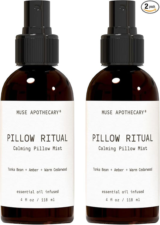 Muse Apothecary Pillow Ritual - Aromatic, Calming and Relaxing Pillow Mist, Linen and Fabric Spray - Infused with Aromatherapy Essential Oils - 4 oz, Tonka Bean + Amber + Warm Cedarwood, 2 Pack