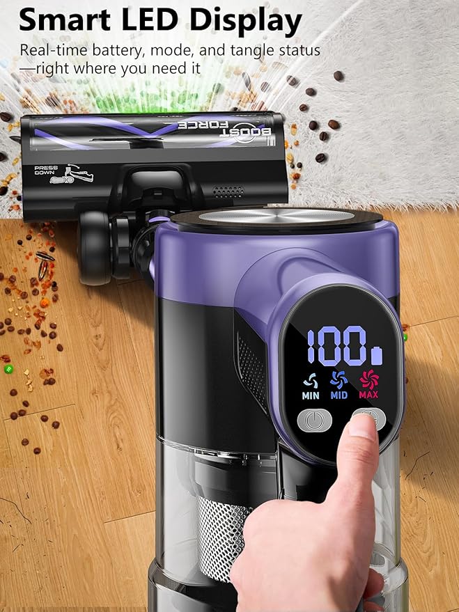 Cordless Vacuum Cleaner, 46KPa/500W Stick Vacuum with 55 Mins Runtime, Self-Standing Vacuum Cleaner for Home, LED Display, Anti-Tangle Brush, Rechargeable Vacuum for Hardwood Floor, Pet Hair (Purple)