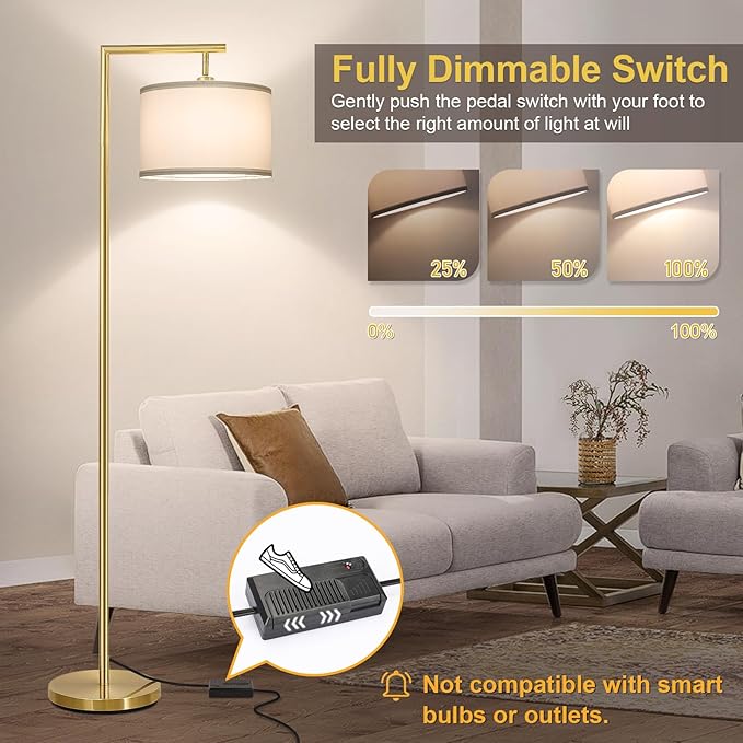 Boncoo Gold Floor Lamp, Montage Modern Standing Lamp with Flexible Lamp Head, Dimmable Floor Lamp for Living Room Tall Over Couch Reading Light for Bedroom, Office, 9W LED Bulb Included