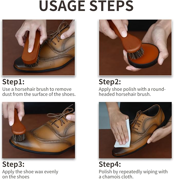 IKI Shoe Shine Polish Kit - 7PCS Leather Boot Care Kit with Black Shoe Polish Horsehair Brush Cloth Shoe Horn for Men