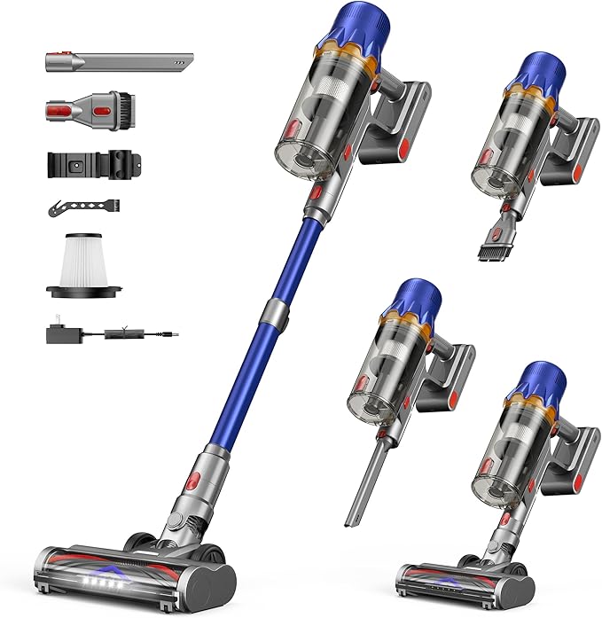 Cordless Vacuum Cleaner - Powerful Stick Vacuum with HEPA Filter, 55-Min Runtime, LED Light, Anti-Tangle Brush, Detachable Battery, Lightweight for Home, Pet Hair, Carpets & Hard Floors