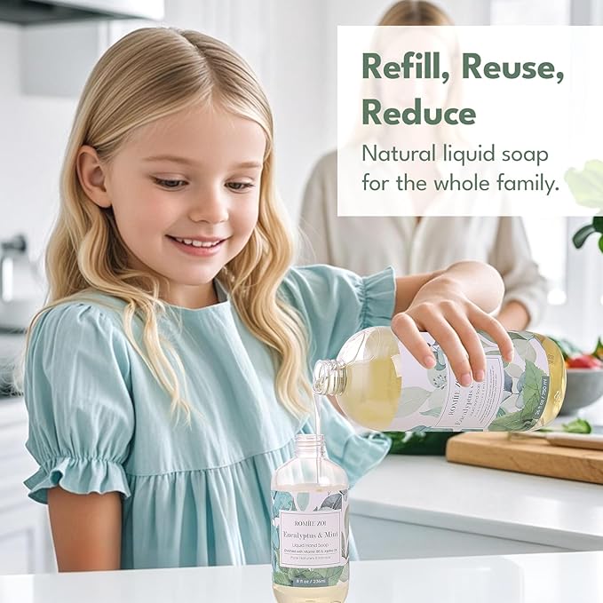 ROMIIE ZOI Liquid Hand Soap Gift Set, 750ml Refill + 236ml Liquid Soap, Cruelty-Free, Moisturizing Formula with Essential Oils, For Sensitive Skin, Eucalyptus Mint Scent, For Kitchen & Bathroom