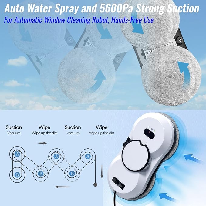 Window Cleaning Robot, Automatic Window Cleaner with Water Spray, 5600Pa Suction, 3.0 Path Planning, Remote Control, for Indoor Outdoor Windows Glass Tiles Door