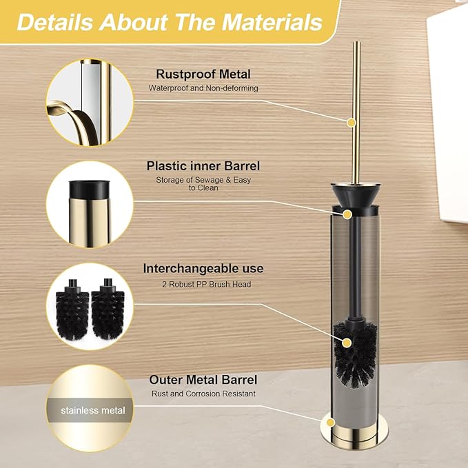 BGL Toilet Brush and Holder Set, Heavy Duty 304 Stainless Steel, Round Base and Long Handle for Bathroom Deep Cleaning, Drip-Proof, Space Saving for Storag, Polished Gold