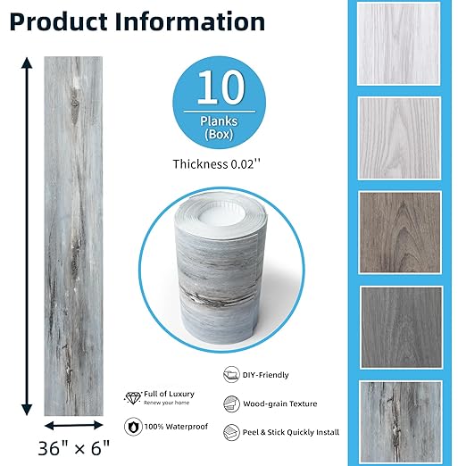 Art3d 15 Sq.ft Peel and Stick Floor Tiles, 10Pcs Luxury Vinyl Plank Flooring Wood Look, 36" × 6" Adhesive and Waterproof Tile Sticker for Bedroom, Living Room, Kitchen, Dust Grey