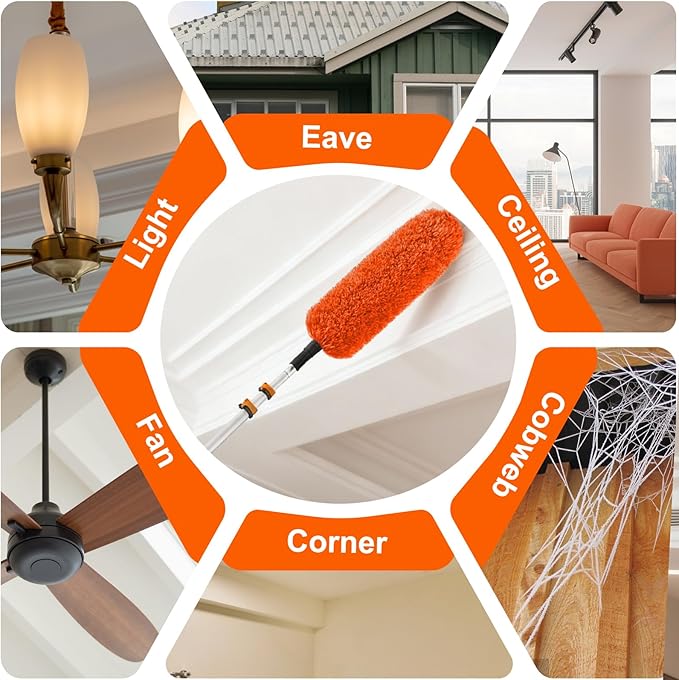 30FT Reach High Ceiling Duster Kit, Window Cleaning kit with 5-24FT Extension Pole, Fan Duster for Ceiling Fan Blades, Microfiber Feather Duster, Rotatable Window Squeegee and Cobweb Duster