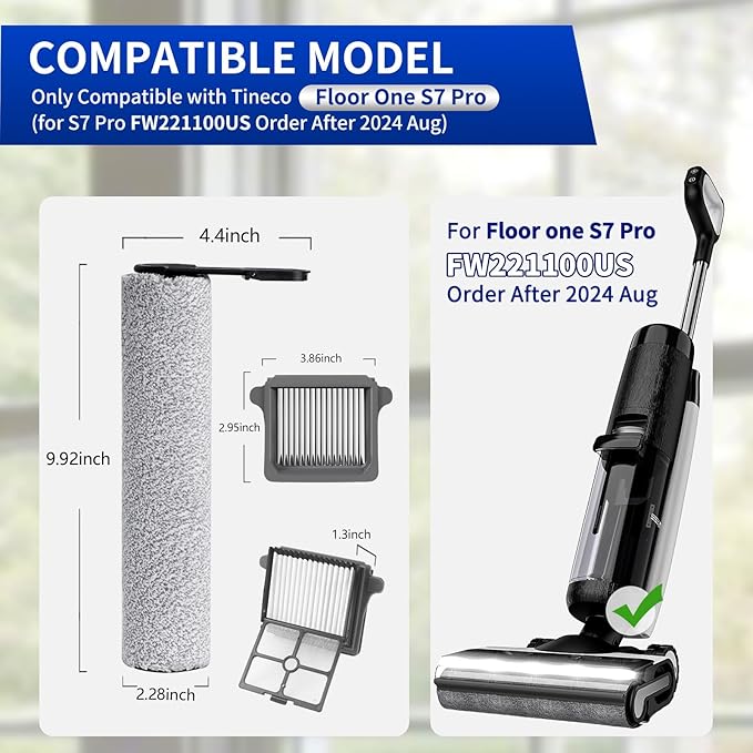 keluke Only Floor One S7 Pro【for S7 Pro Order After 2024 Aug】 Replacement Roller Brushes & Filters Compatible with Tineco Floor One S7 Pro Cordless Vacuum Cleaner, 2 Brush Rollers 2 HEPA Filters