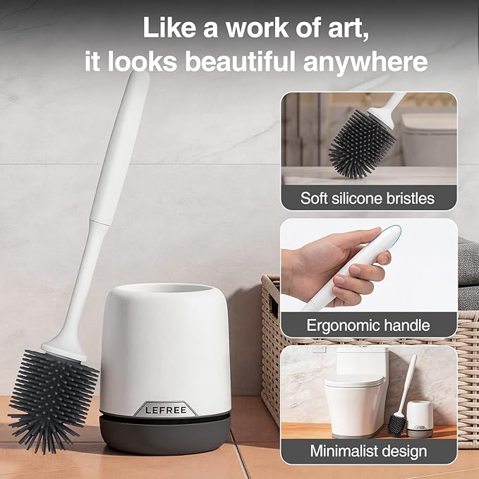 Lefree Silicone Toilet Brush and Holder Set with Ventilated Holder, Floor Standing & Wall Mounted Toilet Scrubber