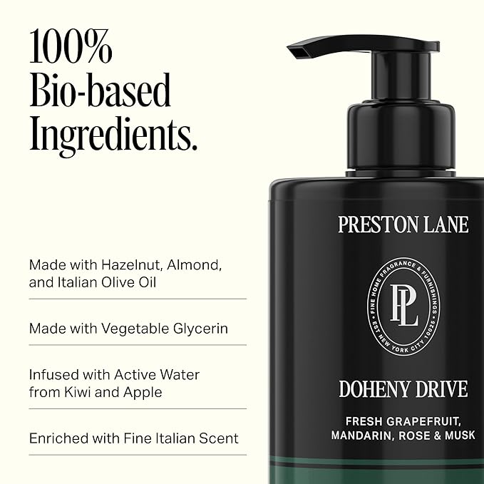 Preston Lane Luxury Hand Wash, Doheny Drive Scent | Hydrating and Nourishing Formula with Organic Oils, Active Kiwi and Apple Water, and Vegetable Glycerin | Gentle Cleansing, Vegan and Cruelty Free