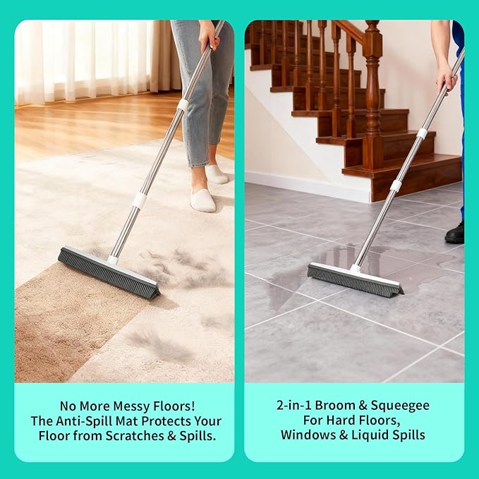 Pet Hair Removal Rubber Broom & Carpet Rake with Squeegee – 51” Adjustable Handle Cat & Dog Hair Remover Tool for Rugs, Hardwood, Tile, Cat Litter & Windows – Includes 2 Pack Grooming Gloves