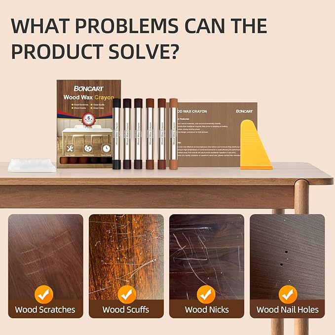 Wood Filler Sticks,6 Colors Wood Wax Crayons for Repairing Scratches, Scuffs, Cracks, and nail Holes on Wood Furniture, Floors, Cabinets, Tables, and Doors