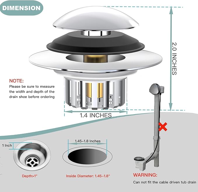 Kitchen Sink Drain Strainer 3 in 1, 304 Stainless Steel Pop Up Sink Stopper, Anti-Clogging Drain Stopper, Strainers for Kitchen, Drain Cover & Kitchen Accessories for US Standard Sink (Smooth Silver)
